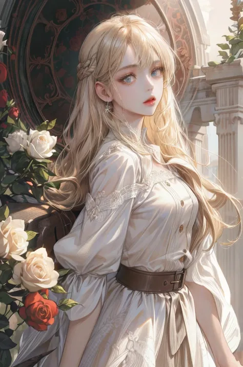 (absurdres, highres, ultra detailed), 1 girl, solo, long hair, light brown eyes, wearing white shirt, roses, light blonde hair,  medium breast that properly covered by clothes, detailed face, really detailed eyes, really beautiful girl, beutiful face 