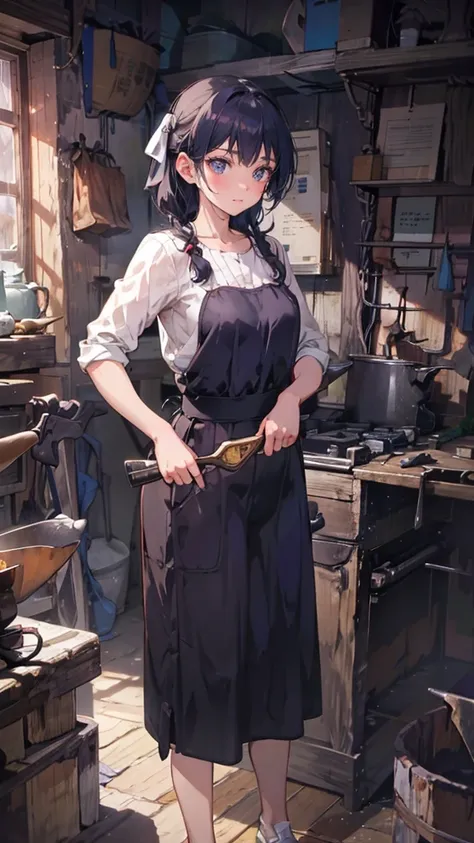 a detailed, young female blacksmith student, her muscular yet soft figure, with beautiful lips, glowing skin and braided hair, wearing a hair ribbon, crafting a small knife with a mallet, in a bright, line art style, masterfully depicted in 8K resolution, ...