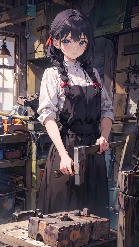 a detailed, young female blacksmith student, her muscular yet soft figure, with beautiful lips, glowing skin and braided hair, wearing a hair ribbon, crafting a small knife with a mallet, in a bright, line art style, masterfully depicted in 8K resolution, ...