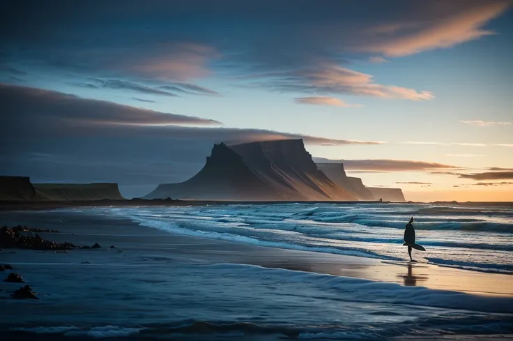 there is a person walking on the beach with a surfboard, beautiful dark beach landscape, dramatic moody cold landscape, calm ocean landscape, mountains and ocean, landscape photo, moody morning light, beach landscape, iceland landscape photography, sci-fi ...