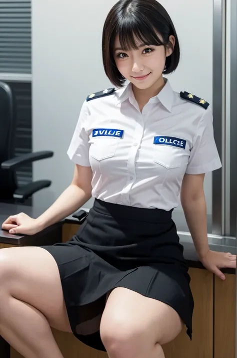 masterpiece, best quality, realistic, nsfw, full body focus, evil grin, lift skirt, japanese cute police officer, black short hair, spread legs, police station