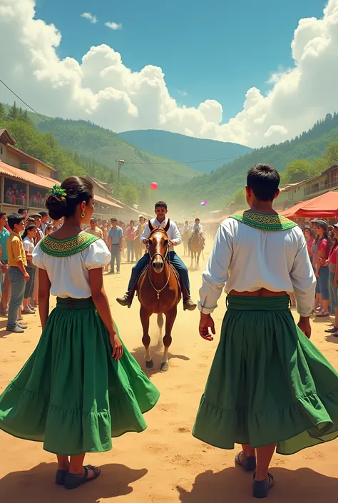 Create an image of the Ecuadorian Montubio Day with white and green clothing and students watching the Montubio rodeo with horses