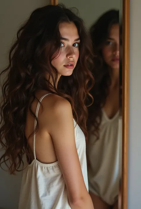 Teenage female with extremely long curly brown hair and brown eyes, both standing in front of a mirror wearing short pajamas