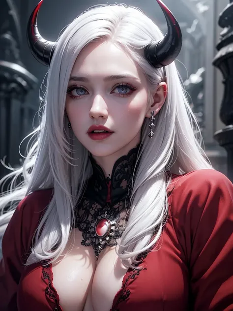 1girl, beautiful detailed eyes, beautiful detailed lips, extremely detailed eyes and face, long eyelashes, white hair, red vampire eyes, horns, earrings, duchess of hell ,teeth, dark makeup, serious expression, demon, hell background, bloody hair, naughty,...