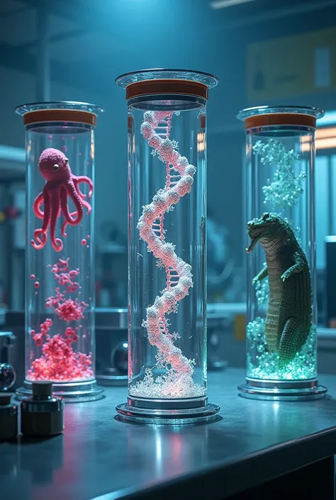 3 chamber in lab of dna chamber of glass one is octopus and secon chamber dna singn and 3 chamber crocodile 
