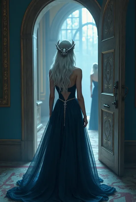 At the door was Nyxara, with her signature long, wavy silver hair that fell in soft waves over her shoulders and her fair skin that reflected subtle sparkles, as if the scales of a dragon hidden under the surface dark blue dress with a sweetheart neckline ...