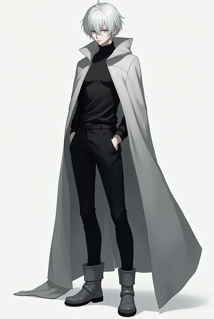 Anime boy with completely white hair, paper white skin, totally white, no color at all, completely black eyes with bright white pupils, wearing a black long-sleeved blouse, black pants and gray metal boots. He also wears a gray cloak that covers his should...