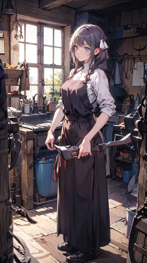 (Blacksmith girl student, Teenage Girls, Muscular girl, Soft lips, Glowing Skin, Braided Hair, Soft Skin:1.25, Hair Ribbon, Braided Hair, Sharpening a dagger),(8k, Best Quality, masterpiece:1.2, masterpiece, Extremely detailed, Very detailed), Vibrant colo...