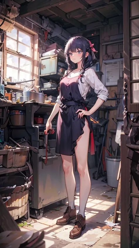 a female blacksmith student, teenage girls, muscular girls, soft lips, glowing skin, braided hair, soft skin:1.25, hair ribbons, braided hair, sharpening a short sword, (8k, best quality, masterpiece:1.2, masterpiece, extremely detailed, hyper detailed), v...