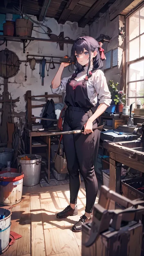 a female blacksmith student, teenage girls, muscular girls, soft lips, glowing skin, braided hair, soft skin:1.25, hair ribbons, braided hair, sharpening a short sword, (8k, best quality, masterpiece:1.2, masterpiece, extremely detailed, hyper detailed), v...