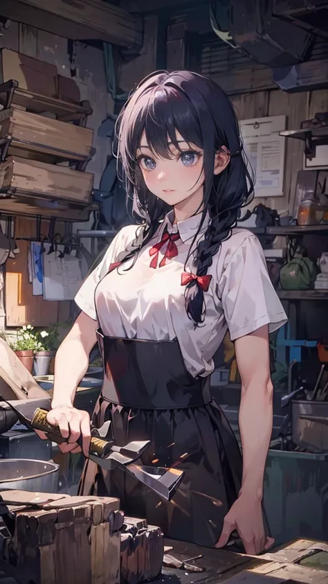 a female blacksmith student, teenage girls, muscular girls, soft lips, glowing skin, braided hair, soft skin:1.25, hair ribbons, braided hair, sharpening a short sword, (8k, best quality, masterpiece:1.2, masterpiece, extremely detailed, hyper detailed), v...