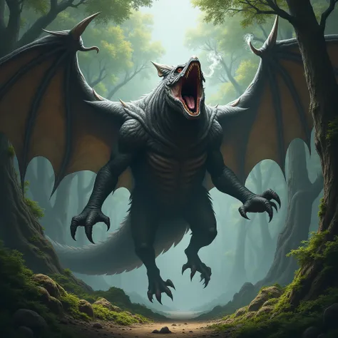 Show a huge Bat Bird in a forest with its mouth open in anger