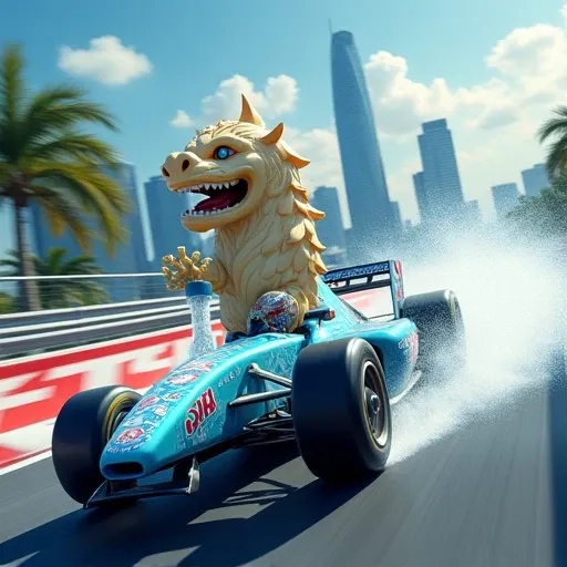 “Create a humorous scene of the iconic Merlion racing in a Formula 1 car. The Merlion, half lion and half fish, should be gripping the steering wheel with a fierce expression, its water spout spraying from its mouth as it speeds down a sleek F1 track. The ...