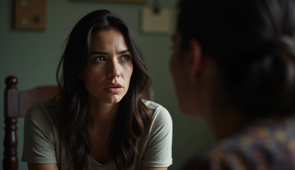 A close-up of Isabel, a 2 woman with wavy dark hair, sitting in a dark wood chair, her expression shifting from shock to disbelief as she watches her sister. Adriana, slightly blurred in the background, continues speaking with a desperate expression, her b...