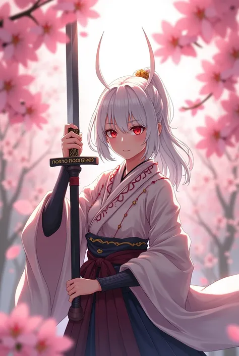 Realistic Anime Slightly White hair Samurai clothes Red eyes Holding a sword with writing "DEWA"
BACKGROUND BUNGA SAKURA 