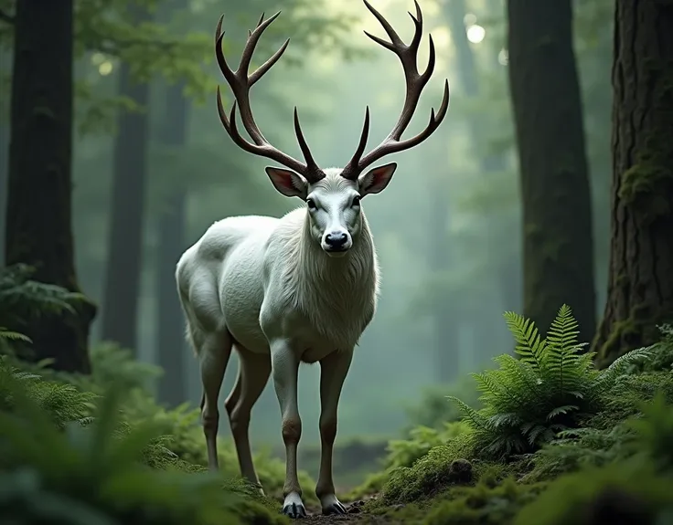 Angry white deer against the backdrop of a dense forest looks straight into the camera. very detailed, 8k quality. The deer&#39;s fur is all white.. the deer is moved back and is fully visible 