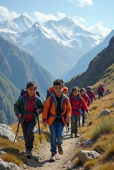 Send me 3 images of indian school children having trekking and enjoying at sandakphu peak nepal.