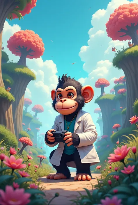 A gaming monkey with a doctor monkey cartron anime in a landscape mode