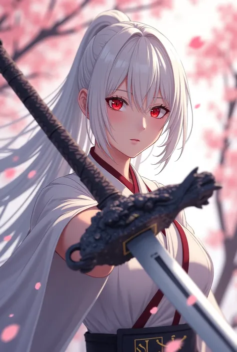 Realistic Anime Slightly White Hair Samurai Clothes Red Eyes Holding a Sword with Writing on the Sword "god"
BACKGROUND OF CHEREN FLOWERS And the hilt of the sword is shaped like a male demon&#39;s head