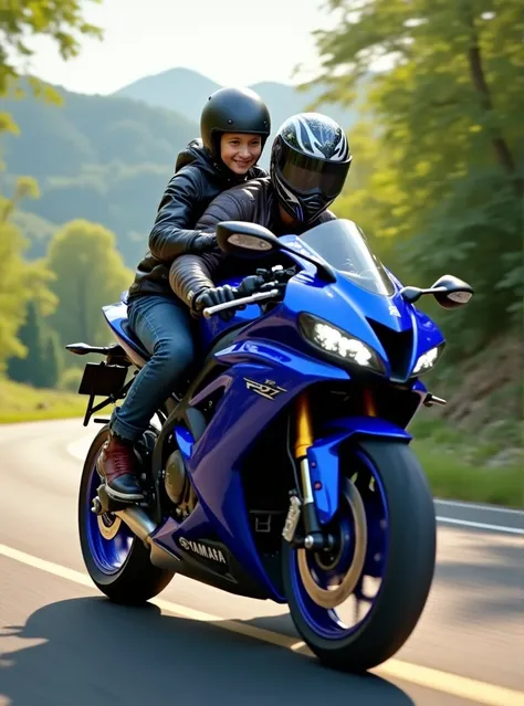 Son and dad riding a motorcycle yamaha r6
