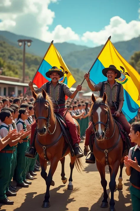 Ecuadorian Montubio Day, People on horseback with Ecuadorian flag and students applauding in green uniform pants and white shirt 