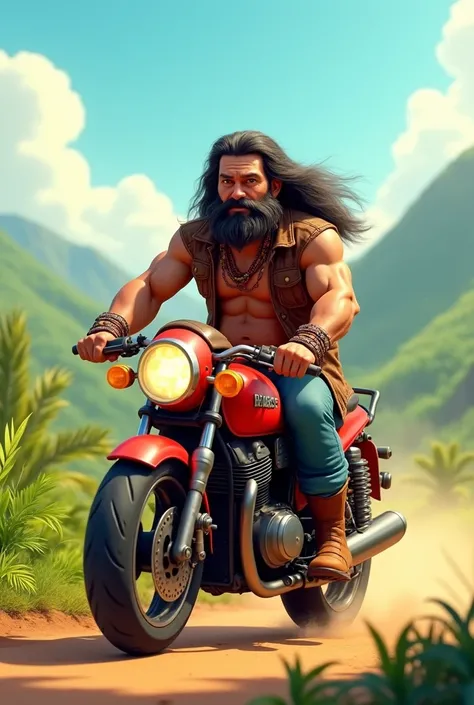 Disney Pixar, Man with indigenous traits, with a red motorcycle, with hair and beard cut
