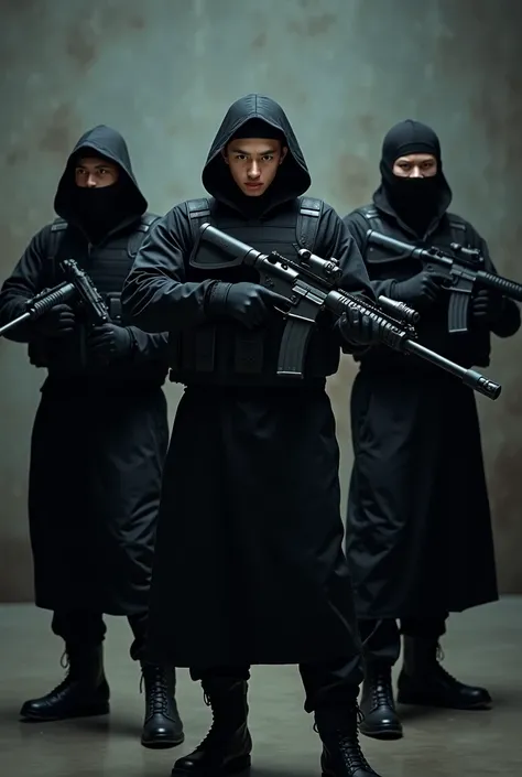 Three handsome Chinese college student idols play terrorists。All black。The clothes are black。The gloves are black。Everyone stands in the same position in a row。Do not blur the person and the background。Everyone has their guns and rifles ready。Dont hide you...