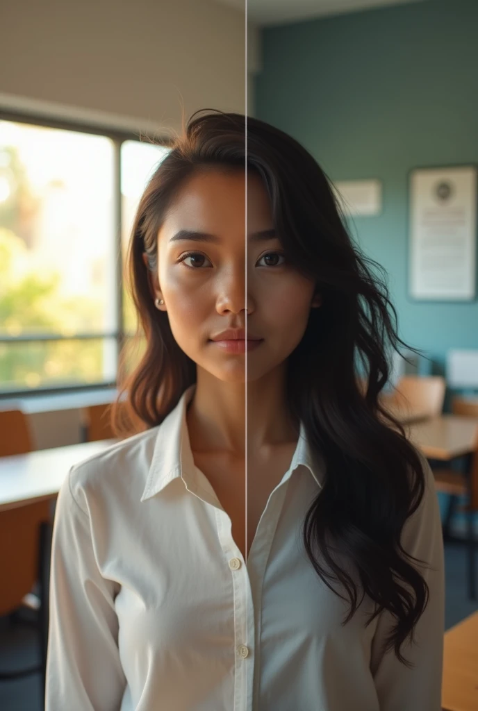 A vertical split hyper-realistic image, high quality. On the left side, a young Brazilian female student with medium brown skin, dark hair, and wearing a white shirt is in the foreground, looking into the horizon of a classroom, symbolizing her educational...