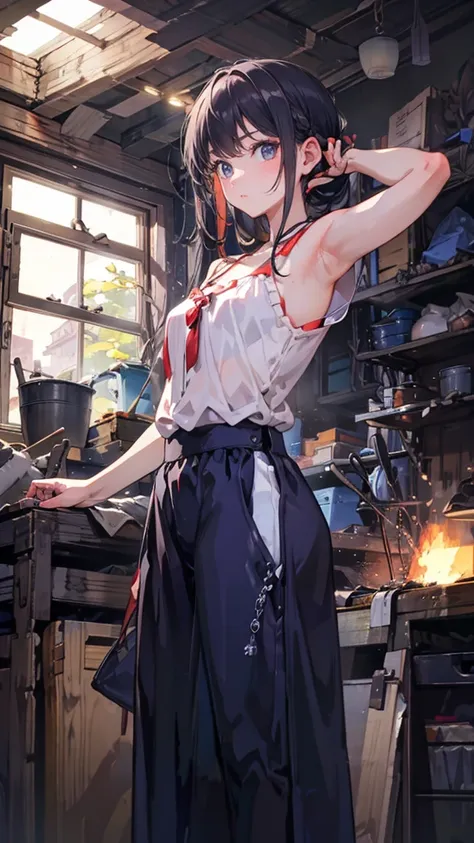 (Blacksmith girl student, Teenage Girls, Muscular girl, Soft lips, Glowing Skin, Braided Hair, Soft Skin:1.25, Hair Ribbon, Braided Hair, Cutting with a knife),(8k, Best Quality, masterpiece:1.2, masterpiece, Extremely detailed, Very detailed), Vibrant col...