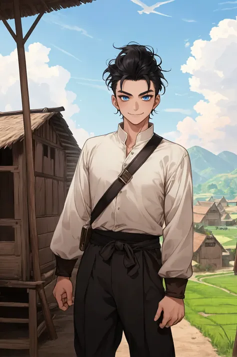 Conan Exiles Style, One child (man) (), White skin, 1 child, Top Rated Pixiv, Slender figure, long-sleeved shirt, Black pants, Black Hair Quiff Hairstyles , Short hair, Blue eyes (ตาเจ้าman), good&good character, Farmer&#39;s boy, villager , Smile brightly...