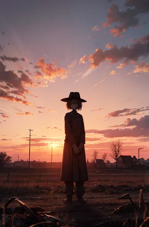 Creepy Scarecrow,Standing together in solitude,Red Sky,Abandoned Field,Dilapidated townscape