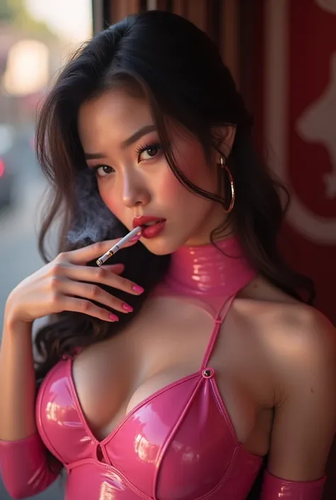 Sexy Asian Korean girl Thai SEXY smoking a cigarette in a pink latex outfit, police