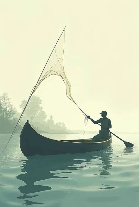 Illustration of a man casting a fishing net, the image should show her going towards the fish, with it already in the air, in a canoe and fish in the water, image of man must be generic, preferably a shadow