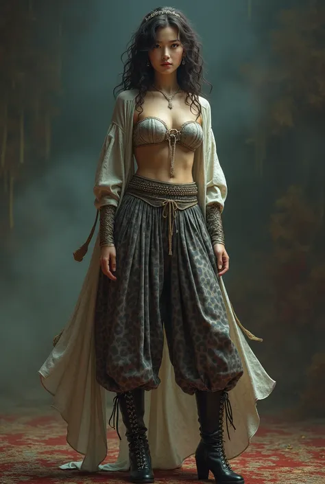 a korean female cossack warrior in baggy harem pants, highly pleated harem pants, soft fabric shiny harem pants, thin pleats on harem pants, grey leopard prints on harem pants, high boots, curly hair, slim figure, looking at viewer, (best quality,4k,8k,hig...