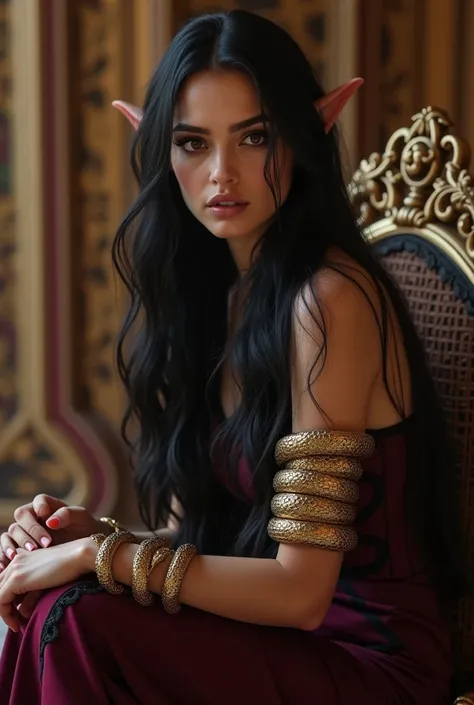 Imagine nasira (the sister of jafar) from Aladdin but generate her in live Acton and make her beautiful & devious as she is. Make her seem innocent and manipulative strategist with long ear tops and high heels. Long black hair resembling cobra hood & sharp...