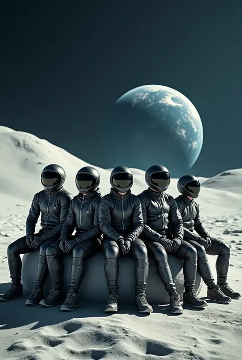 Men on the moon: a group of five men sitting on astroid, the surrounding is from the outer space looking down to earth, wearing bike helmet, wearing sci-fi pants, with sci fi jacket, shoe of snicker, with sci fi hand gloves, front side left views.
