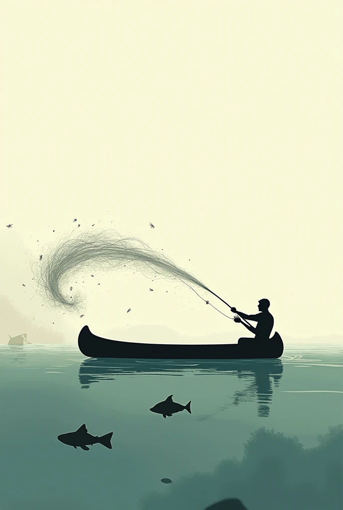 Illustration of a man casting a fishing net, the image should show her going towards the fish, with it already in the air, in a canoe and fish in the water, image of man must be generic, preferably a shadow