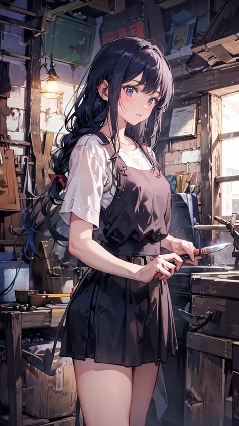 (Blacksmith girl student, Teenage Girls, Muscular girl, Soft lips, Glowing Skin, Braided Hair, Soft Skin:1.25, Hair Ribbon, Braided Hair, Admiring the finished knife),(8k, Best Quality, masterpiece:1.2, masterpiece, Extremely detailed, Very detailed), Vibr...