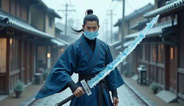 High Resolution, Accurate, 1950s, photorealist, photo,a  japanise man with a black ponytail, a mask mask made of ice covering his mouth only, a black turtleneck a blue armour japanise inspierd outfit holding a sword made of  ice suggests it was set in 1950...