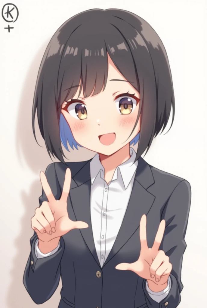 スーツを着てsmileの少女がどうぞって言ってくれる



1人の女の子, chest, bangs, anime　Black Hair　Bob　smile　Teacher white shirt　jacket
