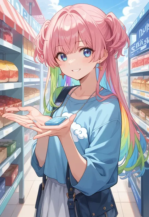 (masterpiece), (((Best Quality)), (Very detailed), 1 girl, (Rainbow Hair, Colorful Hair, Half Blue、Half pink hair: 1.2), , (yukina: 1.2), Outdoor, bangs, smile, Sky blue eyes, Perfect hands, Perfect hands, Hand Detail, Modified fingers. Earrings, Night Sto...