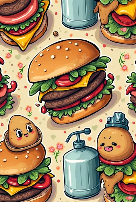 blouse print with hamburger illustration, potato, and refrigerant