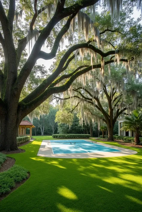 create me a large grassy backyard in charleston, sc. it should be 60x60. there should be a pickleball court, garage, and curved driveway