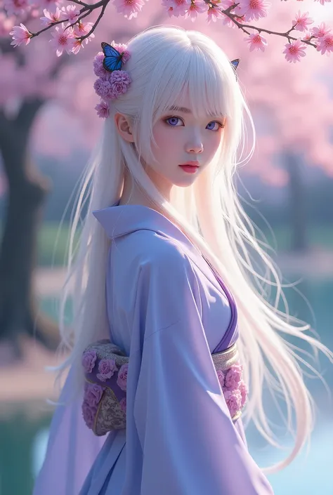 In the tranquil garden of the Fujiwara estate, Yuki stands gracefully beneath the delicate branches of a blooming cherry blossom tree. She is an extraordinarily beautiful young Japanese woman, at 1. Her long, flowing hair is as white as freshly fallen snow...