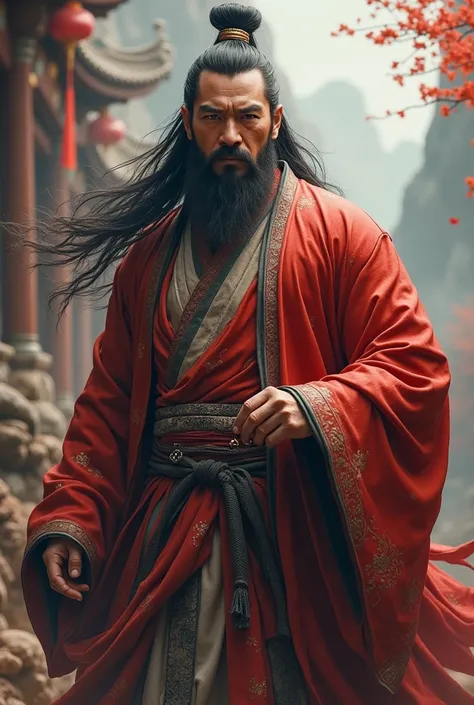 Long black hair, ancient Chinese clothing, middle-aged man, muscular, big man