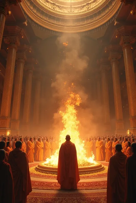 Ashwamedha Yagya final ceremony: "The king performing the final rituals of the Ashwamedha Yagya at a grand altar. The sacred fire burns brightly, surrounded by priests chanting mantras. The king, dressed in elaborate royal robes. offers flowers and ghee to...