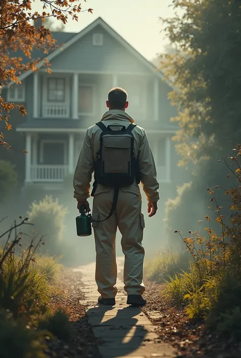 Pest control expert standing with his back turned, right in front of a house that is going to be fumigated, man watches insects, cockroaches and mice that are prepared so that man does not enter to fumigate, The man has a nebulizer in his hand