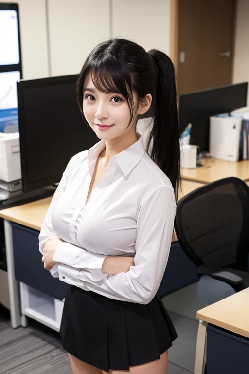 Japanese，OL，Dress shirt，Tight skirt，Breast Tent，Big Breasts，Black tights，Black hair ponytail，Baby Face，Droopy eyes，Standing，Worried brow，Bitter smile，Office，Draw the whole body