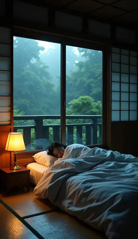 The photo is、A comfortable bedroom with large windows offering beautiful views.。., 薄dark庭園と花が咲き誇る庭園. cinema, dark, It&#39;s cloudy and raining outside. Japanese House, This room is covered with tatami mats.., Shijo doors and minimalist wooden furniture. . ...