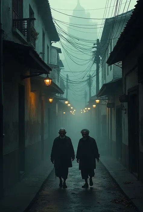 a humble, dark, windy town in Colombia with two old men leaving 